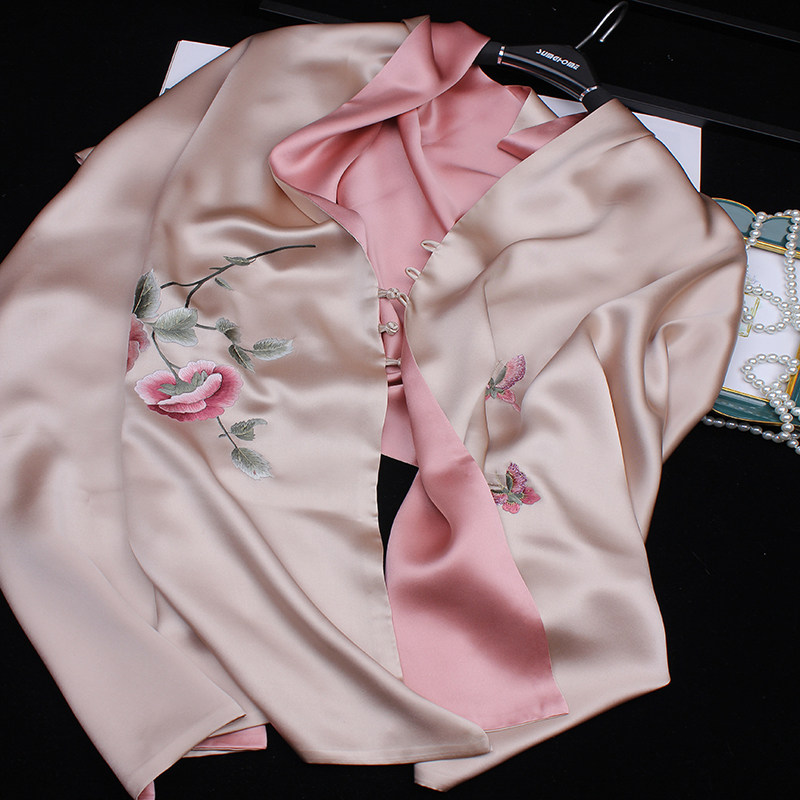 中老年高档真丝刺绣围巾桑蚕丝丝巾女绣花盘扣旗袍晚礼服丝绸披肩