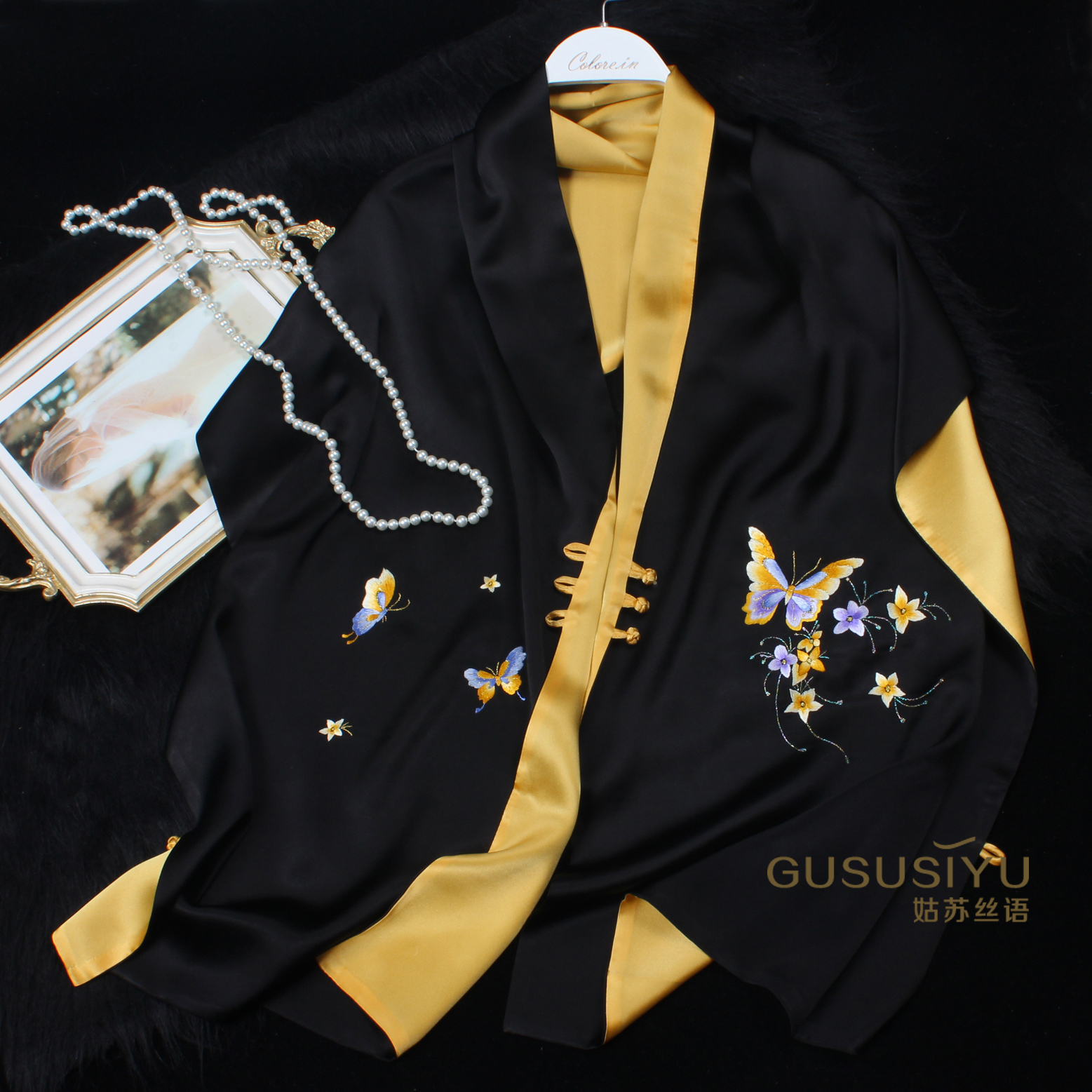 苏绣手工刺绣真丝盘扣披肩女旗袍晚礼服贵气黑金色桑蚕丝围巾外搭