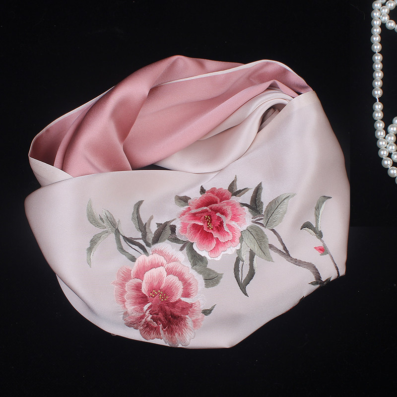 丝巾女长款桑蚕丝高档丝巾真丝素缎丝绸围巾刺绣披肩苏绣伴手礼品