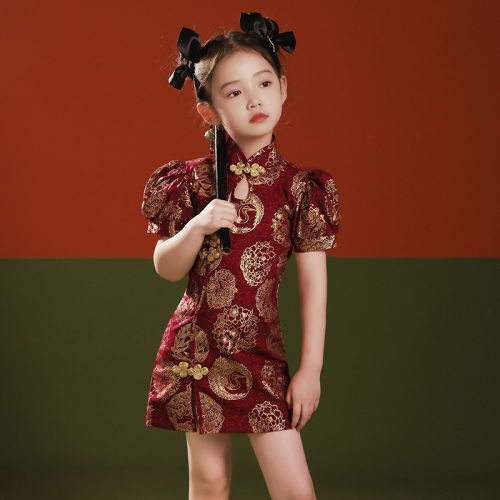 2026新款女童旗袍夏季儿童红色中式国风走秀女宝宝礼服小公主小女