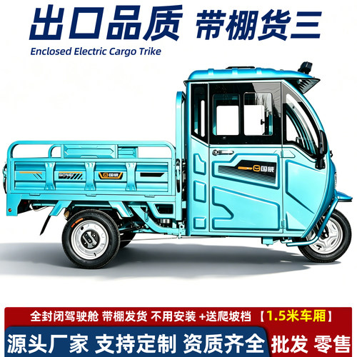 国威电动三轮车出口三蹦子半封闭带棚家用拉货电三轮爬坡载重王