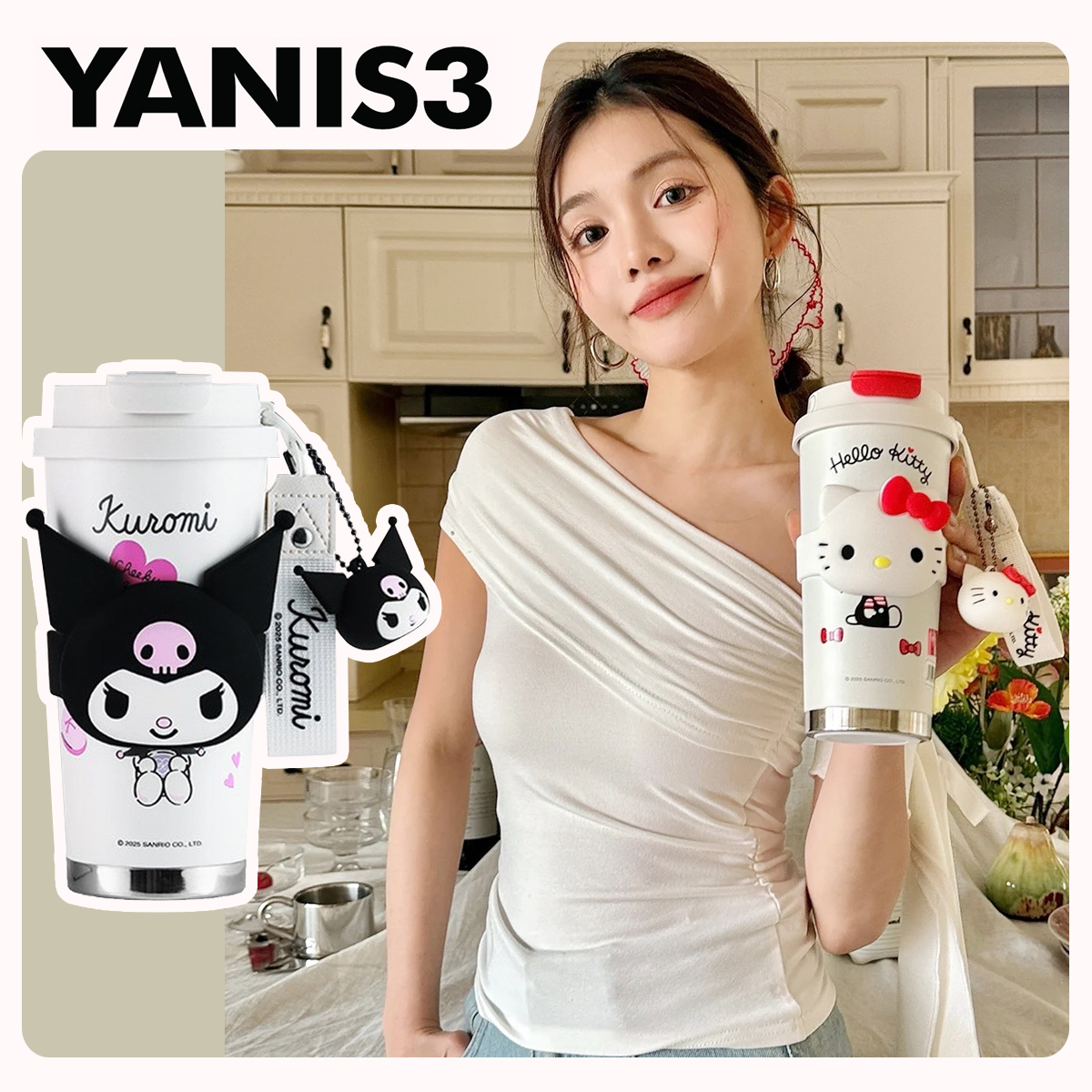 Y3联名HelloKitty凯蒂猫保冷保温杯库洛米陶瓷内胆便携吸管水杯新
