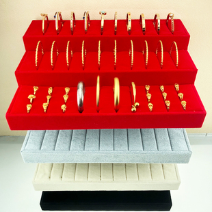 粤伊洛多层首饰盒木质绒布手镯戒指双用防氧化珠宝收纳宽黄金手环