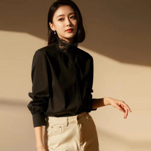 栖谷 气质百搭时尚 春秋新款 衬衣 感上衣 纯棉蕾丝拼接领口时尚