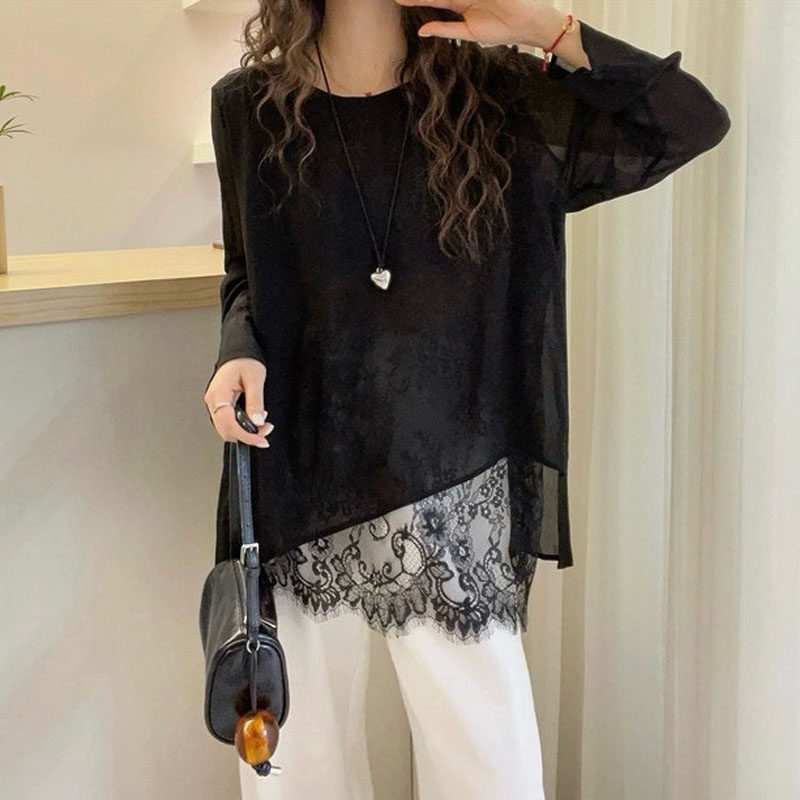 【栖谷】春夏新款进口蕾丝乔其纱防晒假两件上衣气质时尚百搭罩衫