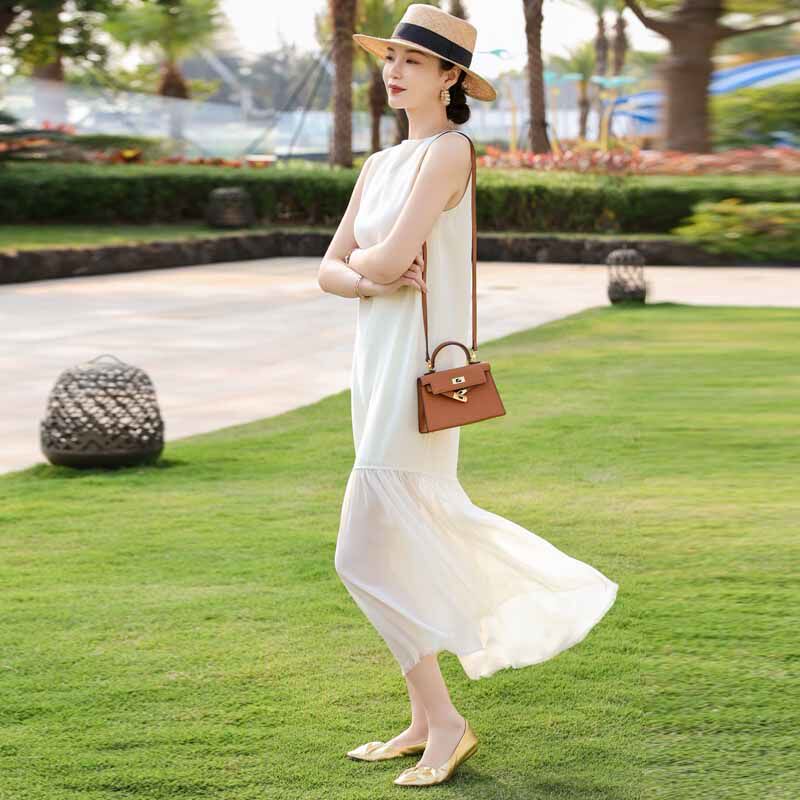 原创醋酸麻拼接网纱背心连衣裙 轻奢高级感一字领气质简约裙子女