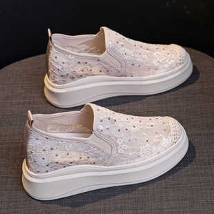 蕾丝内增高女鞋2026新款夏季薄款网面厚底渔夫鞋轻便软底松糕单鞋
