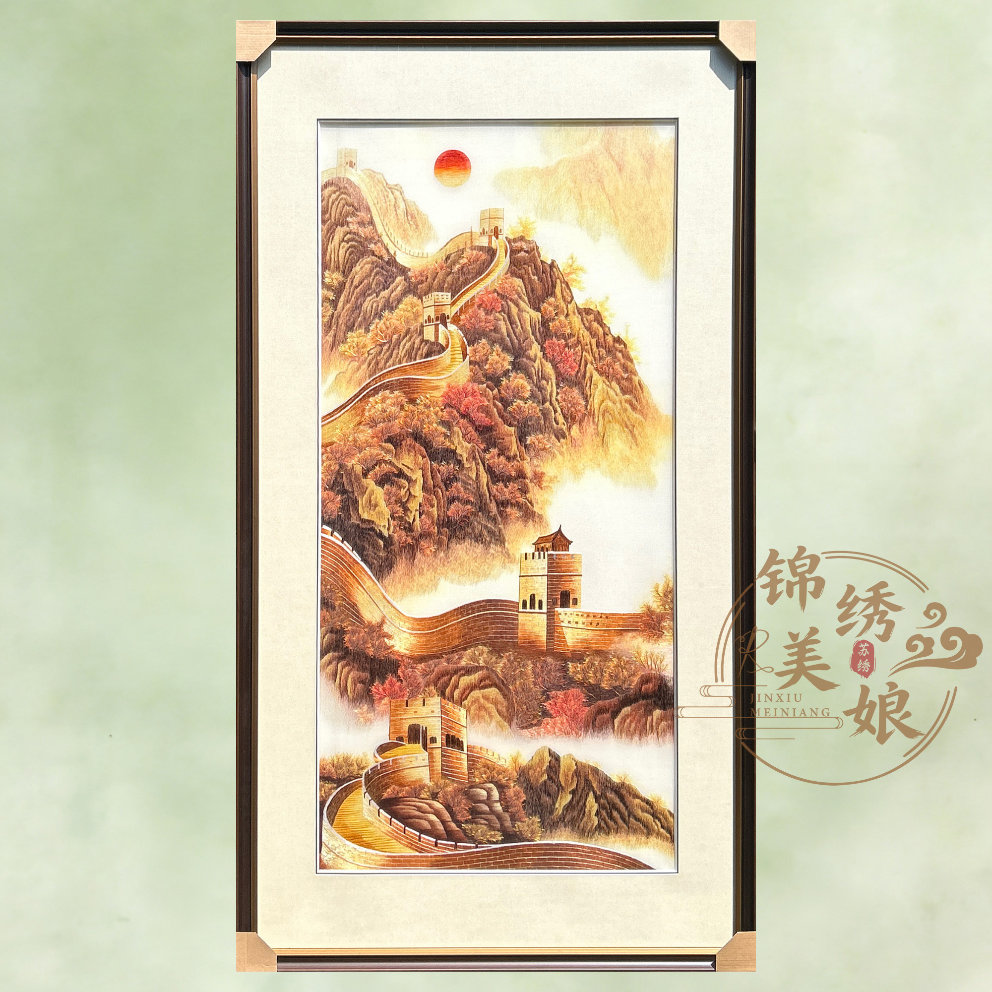非遗纯手工大幅金色长城风景商务送领导办公室书房装饰画苏绣刺绣