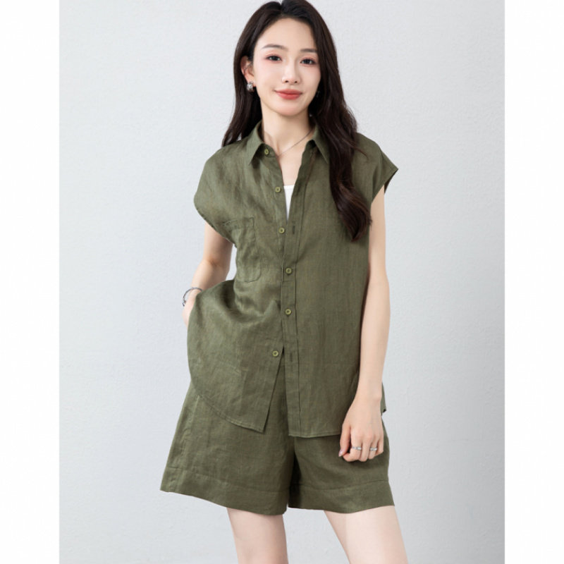 夏季亚麻衬衫阔腿短裤两件套