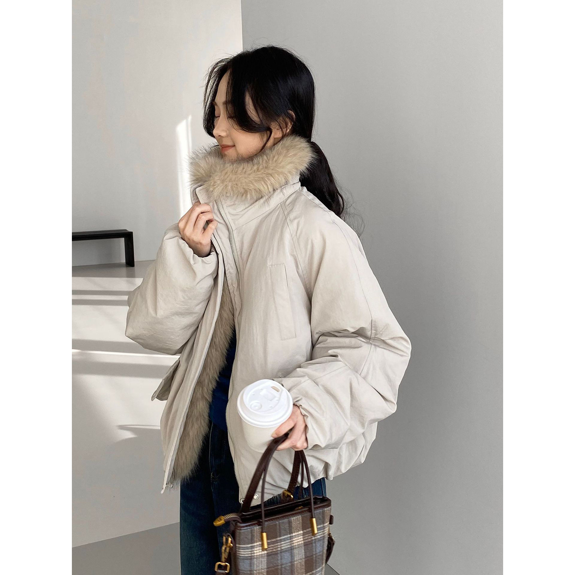 韩系复古毛毛领宽松保暖羽绒服女