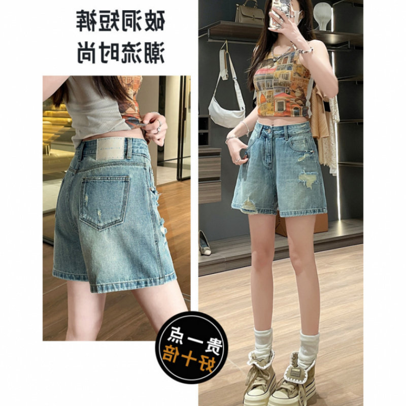 破洞高腰阔腿牛仔短裤