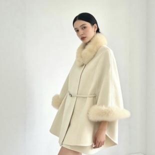 双面羊绒大衣女2025秋冬新款中长款高级感斗篷狐狸毛领羊毛呢外套