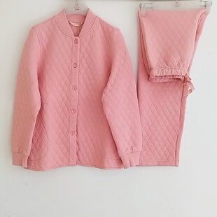 正品康妮雅家居服休闲睡衣开衫棉春秋真空薄夹棉粉色长袖女套装