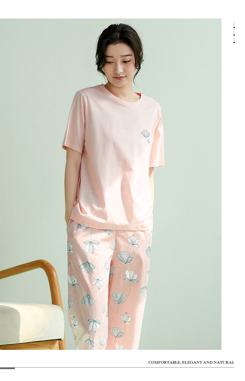 康妮雅家居服睡衣纯棉柔软透气圆领短袖七分裤女套装621272外穿