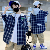 男童时尚 连帽格子衬衫 休闲外套百搭上衣中大童衬衣 春秋季 2026新款