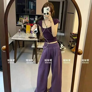 韩版夏时尚修身短袖T恤+高腰阔腿裤两件套女2026新款纯欲显瘦休闲