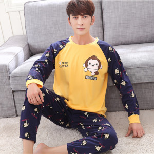 男士睡衣长袖纯棉质春秋季卡通男款青少年休闲男式家居服加肥套装