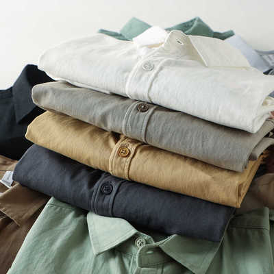 男士黑色全棉无口袋长袖衬衫翻领