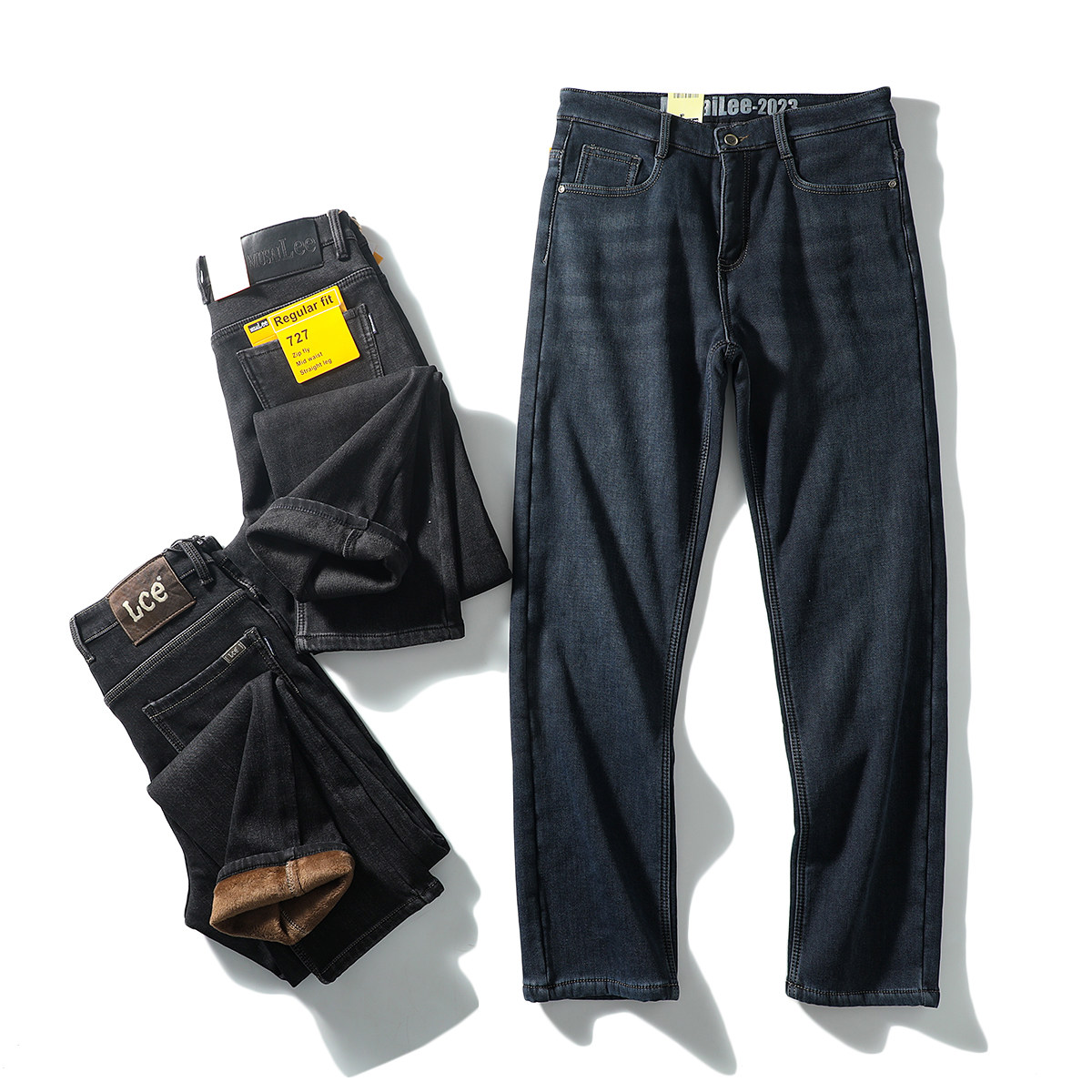 2025年冬天新款男士深色系简约百搭直筒加绒保暖弹力牛仔裤长裤