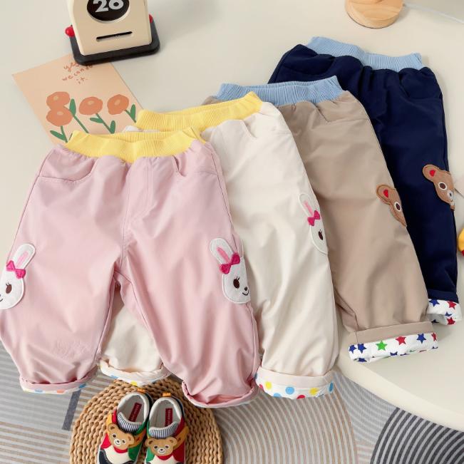 24秋冬款日单童装男女童儿童宝宝加绒防雨绸休闲翻边裤保暖长裤子