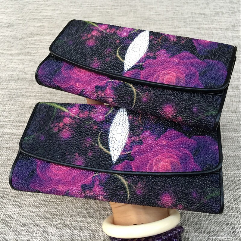 正品珍珠鱼皮长款钱包 魔鬼鱼皮女士手拿包 三折多卡位钱夹