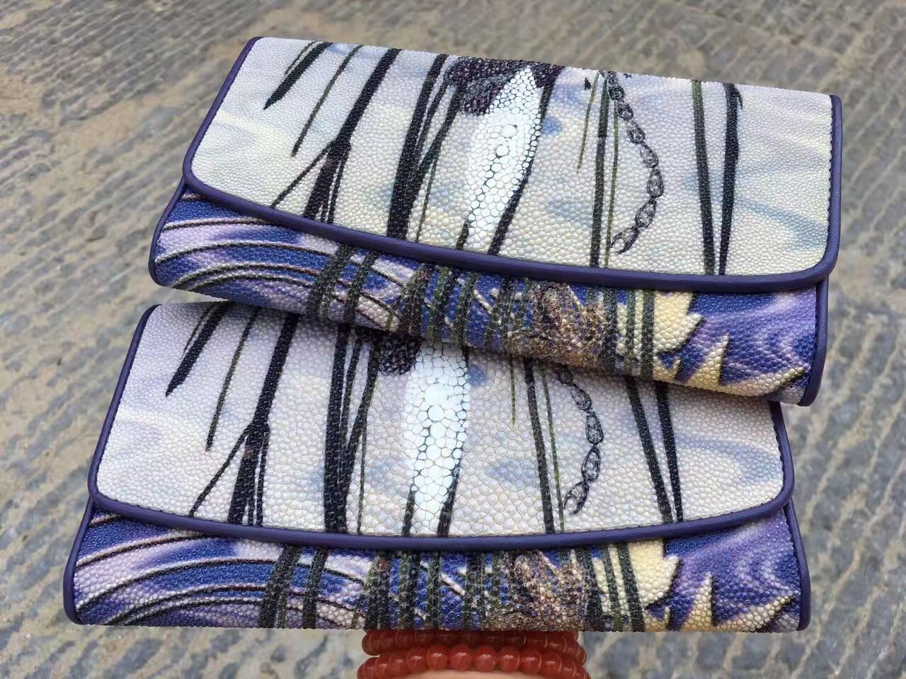 正品珍珠鱼皮手拿钱包 女士魔鬼鱼皮钱夹 三折长款多卡位票夹
