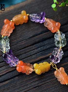 全家福多宝金鱼水晶手链红水晶黄兔毛紫水晶绿幽灵手串男女款礼物