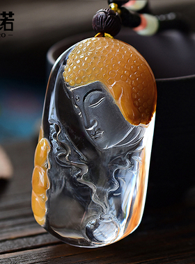 俏色黄兔毛水晶佛像吊坠发晶雕刻佛挂项坠转运毛衣链饰品礼物