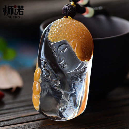 俏色黄兔毛水晶佛像吊坠发晶雕刻佛挂项坠转运毛衣链饰品礼物