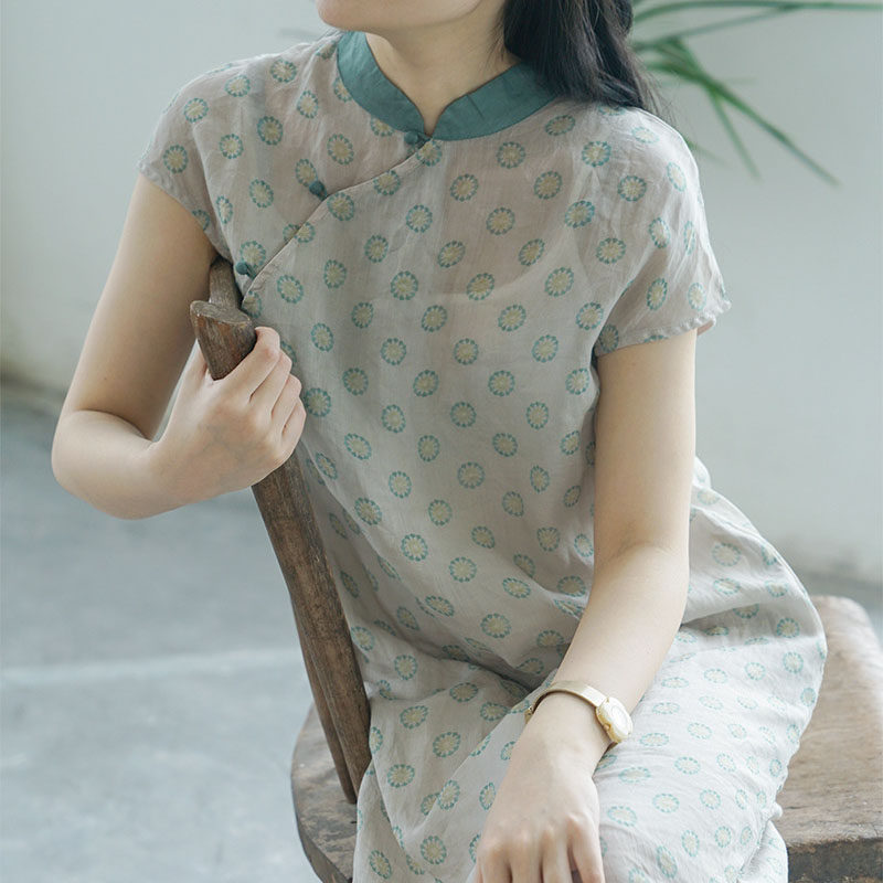 细苎麻旗袍女中式印花复古田园禅意立领斜襟直筒宽松显瘦连衣裙