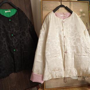 冬季新款 天然丝麻提花复古盘扣宽松大码拼接棉衣棉袄夹棉外套