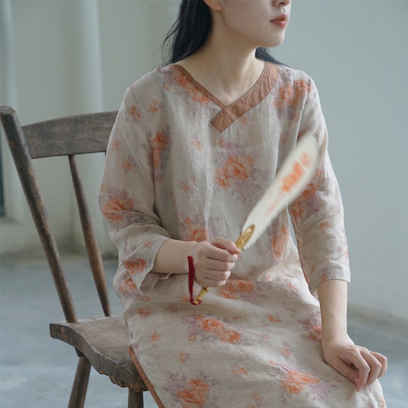 复古直筒苎麻印花高开叉长衬衫