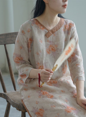 复古直筒苎麻印花高开叉长衬衫