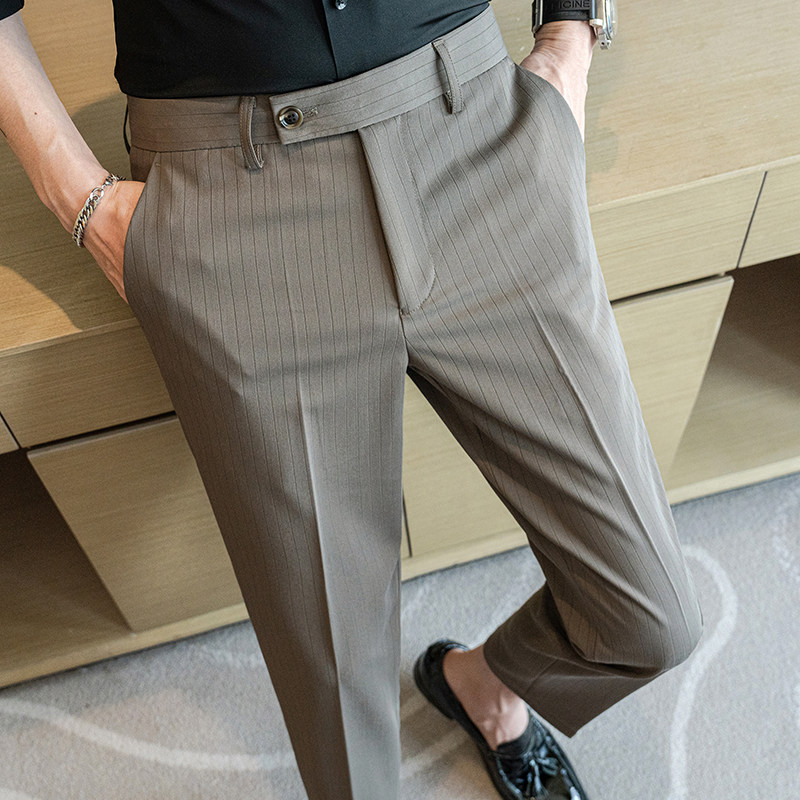 条纹休闲西裤男高级感长裤潮流英伦风时尚修身直筒商务九分西装裤