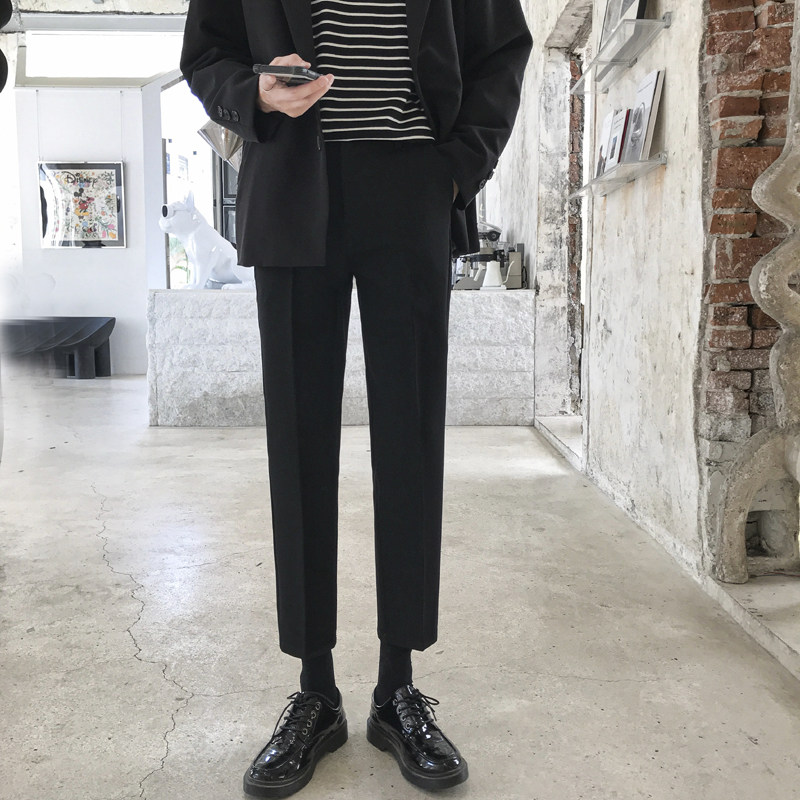 春秋季韩版休闲裤子西裤男直筒宽松黑色坠感九分裤小西装裤修身潮