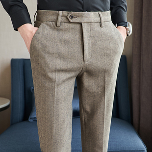高端毛呢西裤男士秋冬季2024新款加厚修身直筒休闲男裤子男款春秋