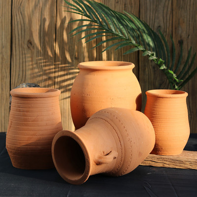 复古手工陶罐粗陶红陶素陶老桩多肉无釉花瓶土陶透气土罐园艺摆件