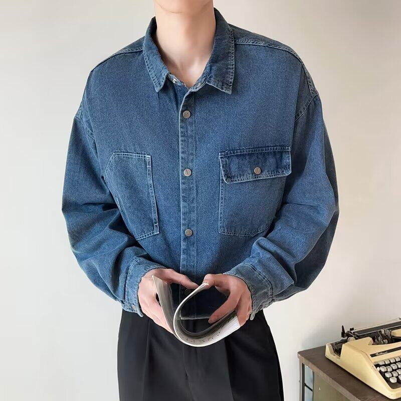 轻熟风春秋衣上衣韩国宽松长袖衬衫男2024潮流水洗牛仔衬衣外