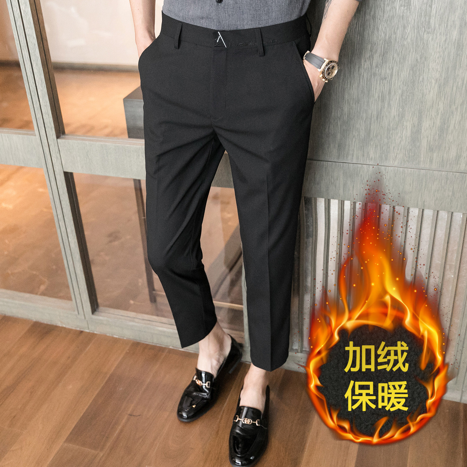 K655加绒-P55冬款加绒保暖9分裤韩版修身休闲裤黑色（88）,男装棉衣,电商A159