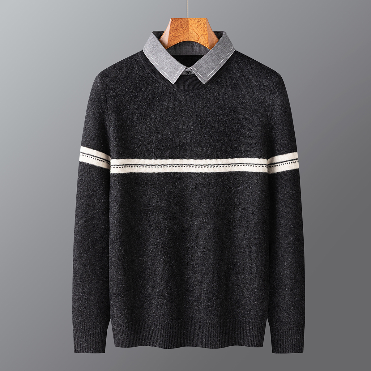 2025秋冬假两件衬衫领套头毛衣黑色Y239-P68一口价（108），男装针织衫/毛衣，电商A159