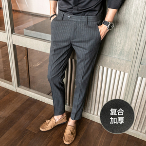 冬款复合加厚条纹西裤 修身休闲裤 K909加厚-P70黑色（118）图片