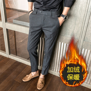 冬款薄绒西裤条纹修身休闲裤男裤 K909加绒-P75灰色（118）图片