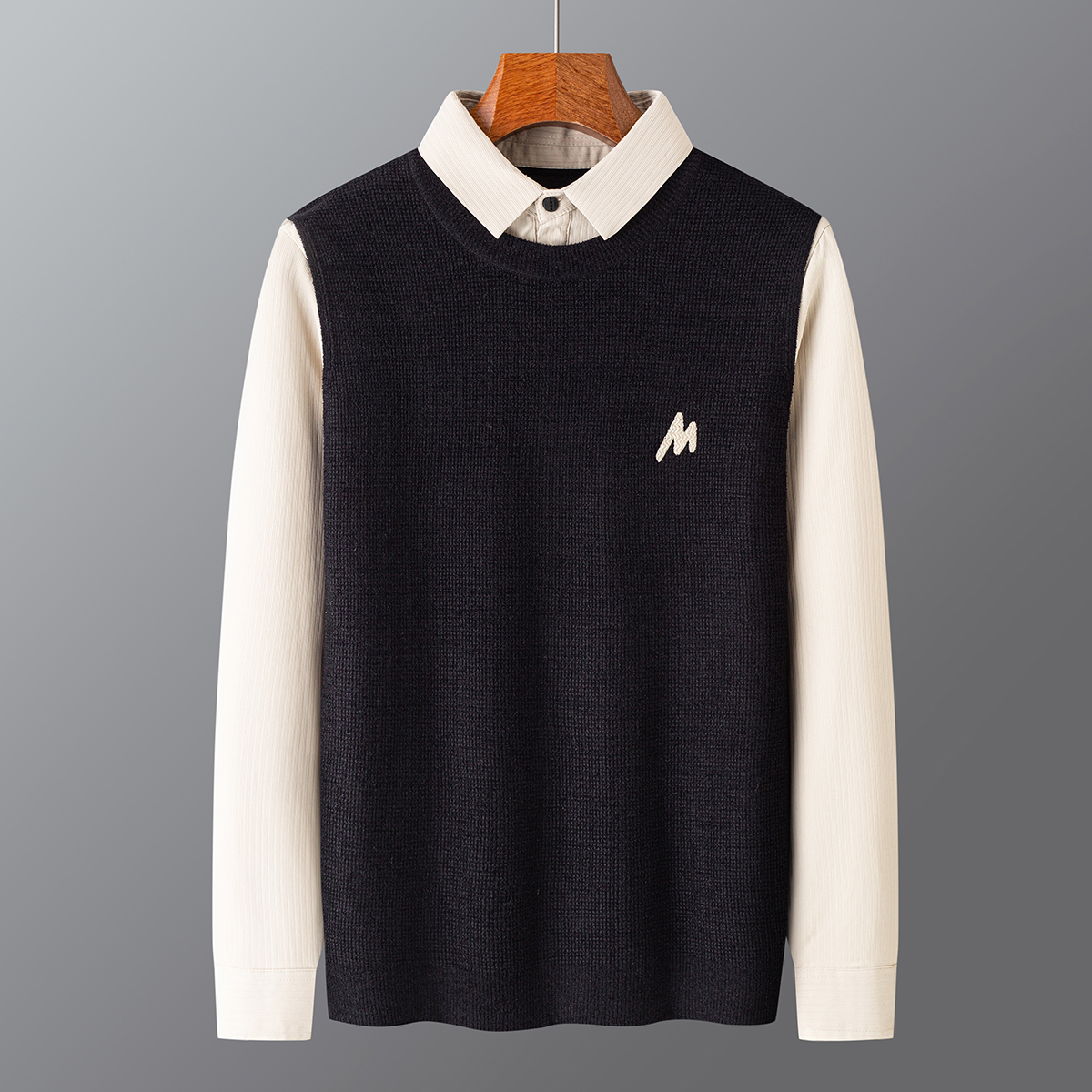 2025秋冬衬衫领套头保暖毛衣假两件卡其Y269-P50一口价（98），男装针织衫/毛衣，电商A159