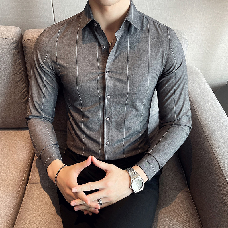 春秋男士商务修身长袖衬衫免烫抗皱条纹衬衫灰色Y25-P35特批,男装衬衫,电商A159