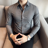 春秋男士商务修身长袖衬衫免烫抗皱条纹衬衫灰色Y25-P35特批，男装衬衫，电商A159