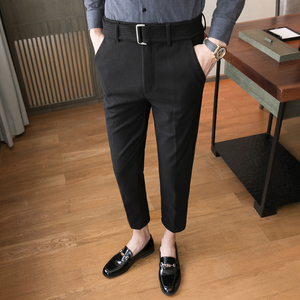 冬款毛呢保暖9分裤 磨毛休闲裤配腰带男 黑色K758-P60 （98）图片