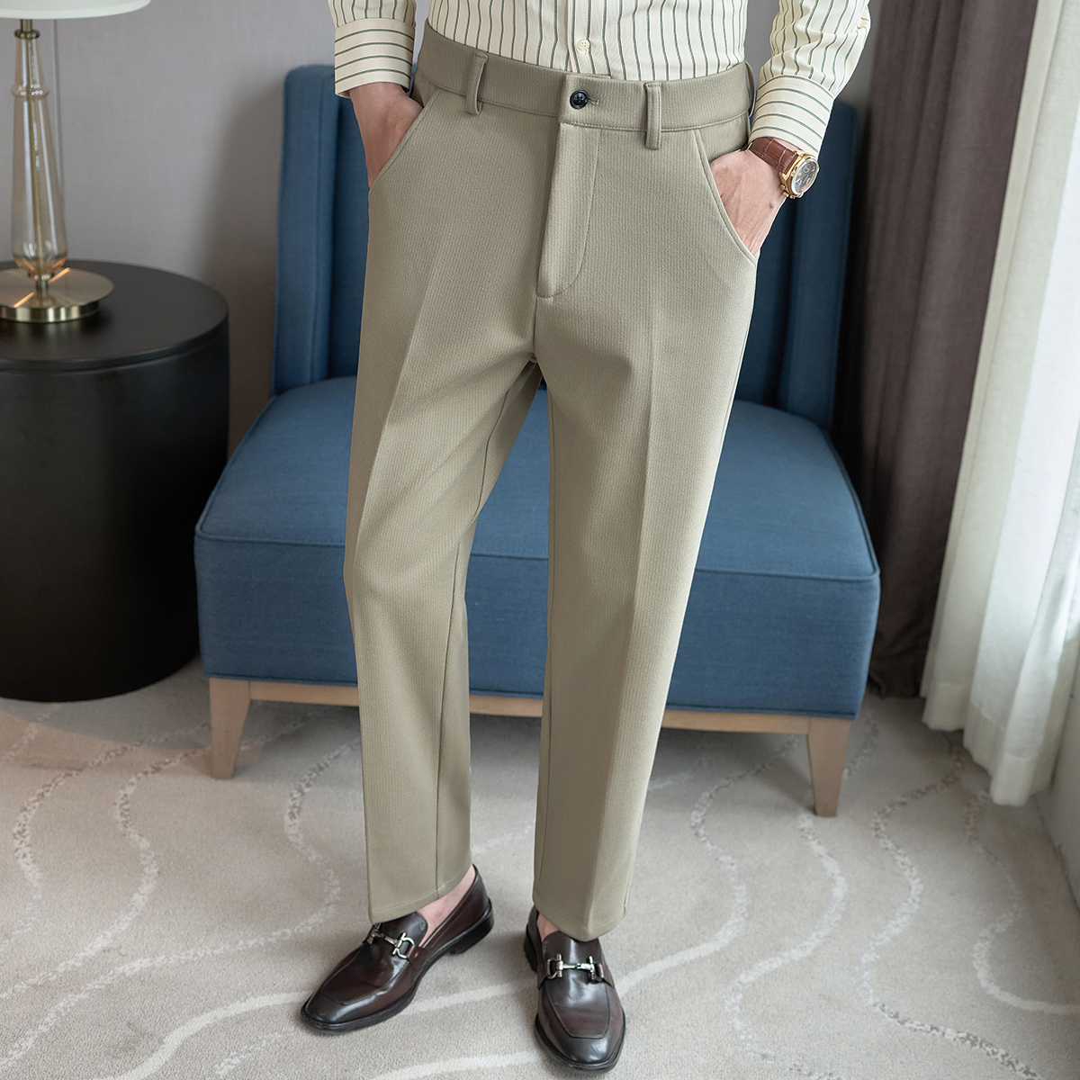 秋冬纯色毛呢长裤磨毛保暖休闲裤后腰松紧K9058-P65卡其(98），男装棉衣，电商A159