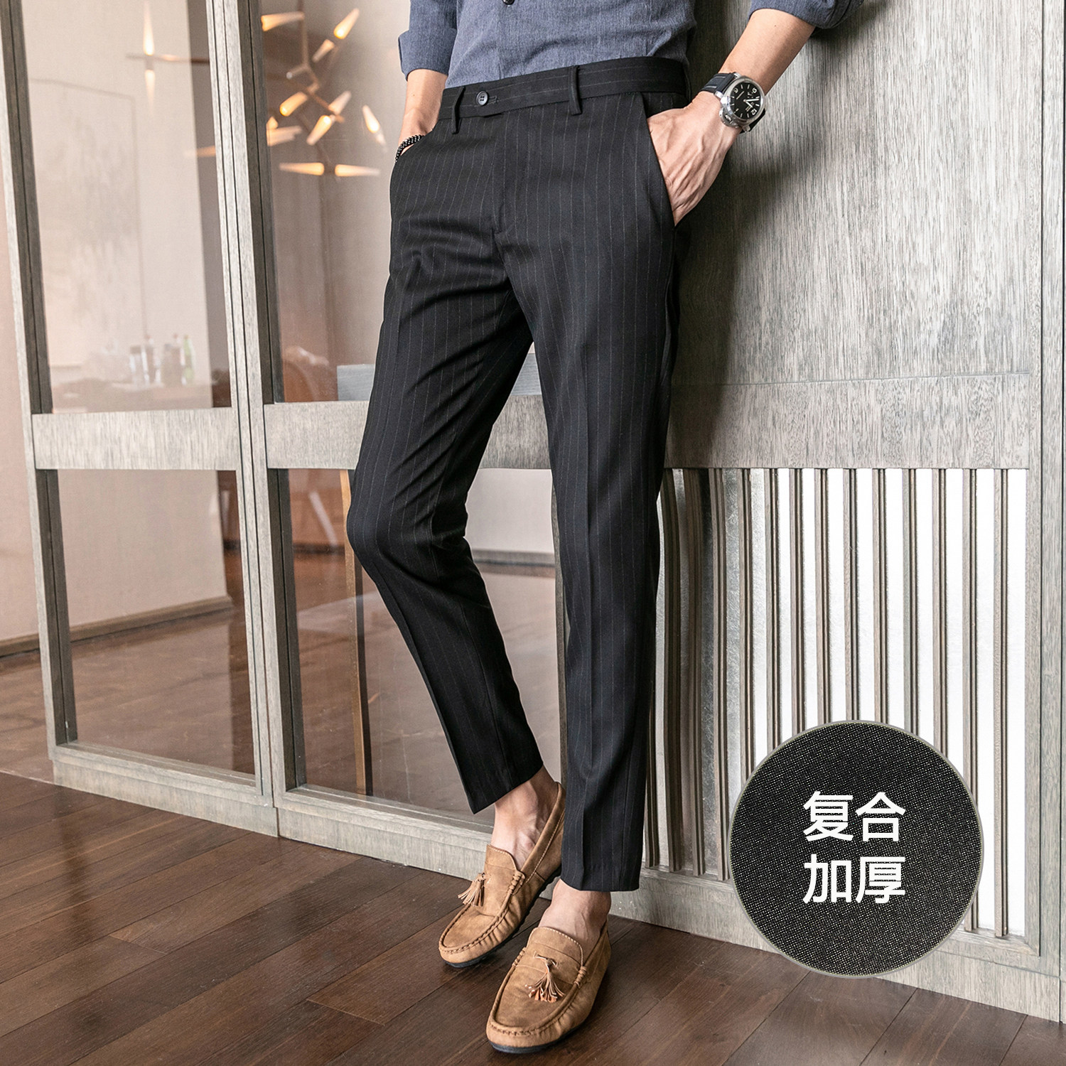 冬款复合加厚条纹西裤修身休闲裤K909加厚-P70黑色（118）,男装西裤,电商A159