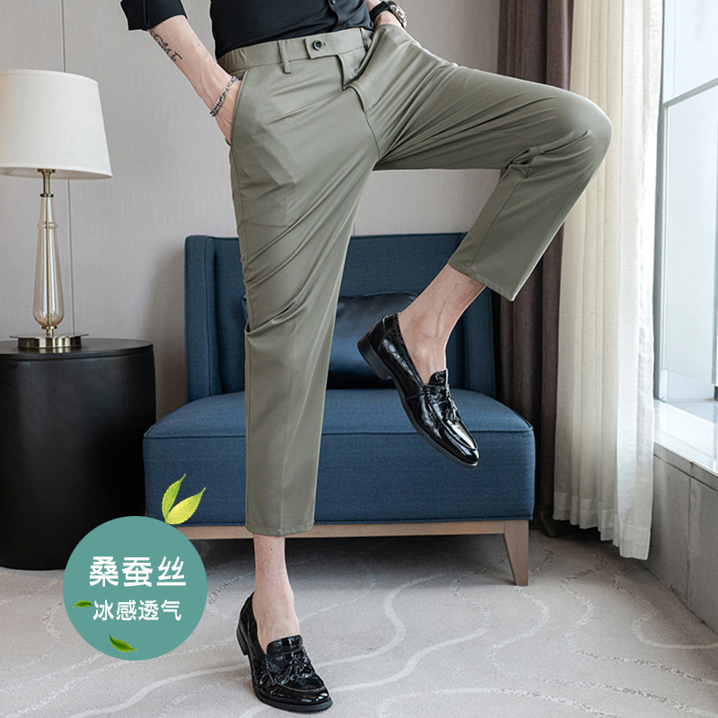 春夏修身高弹西裤冰丝9分裤弹力腰卡其K516-P68（108）图片