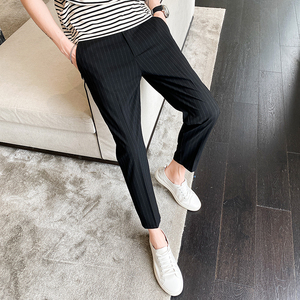 春夏韩版条纹9分休闲裤修身西裤男青年潮K779-P60黑色（98）图片